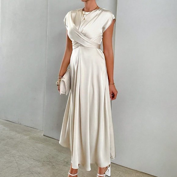 Apricot Casual Womens Solid Criss Cross Front Satin A-line Dress - Picture 5 of 5